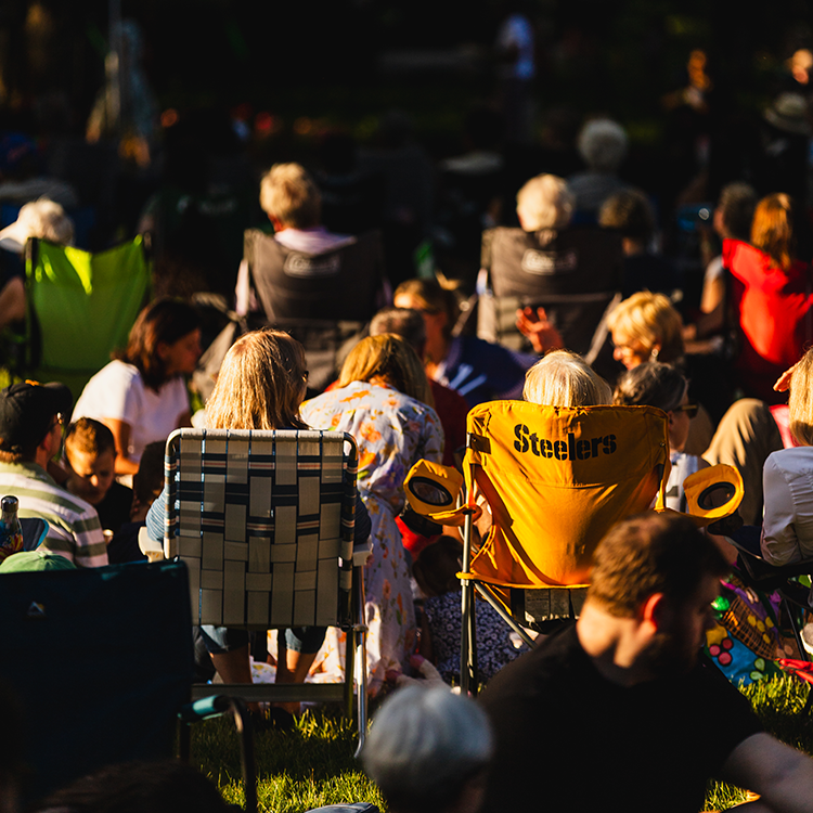 A large crowd of people sit in lawn chairs outside